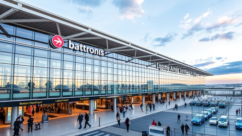 Boston Logan International Airport terminal with contemporary design, glass architecture, and bustling passenger activity, modern facilities and signage visible