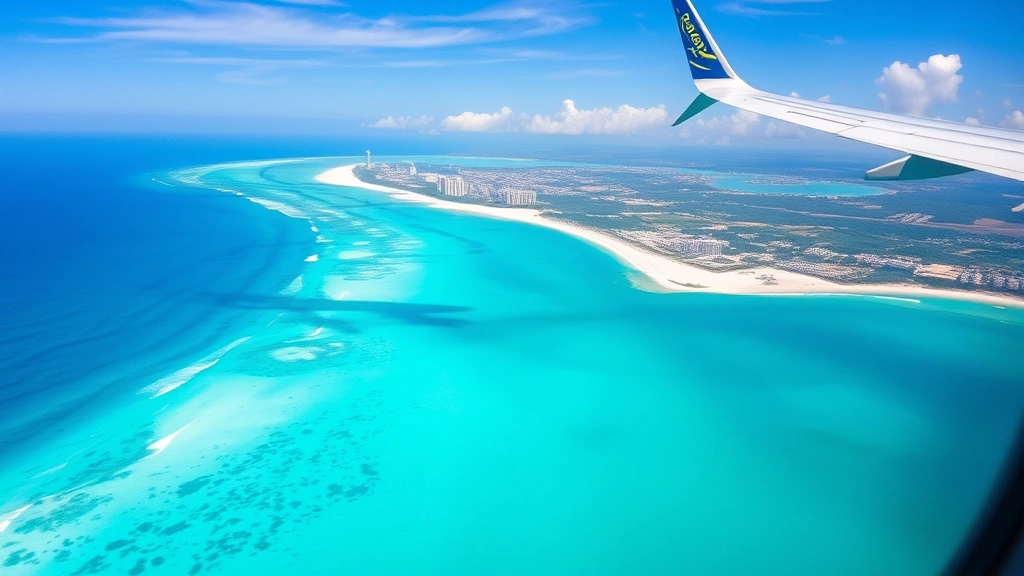 Aerial view of turquoise Caribbean waters near Cancun's white sand beaches with resort buildings visible, shot from airplane window during descent