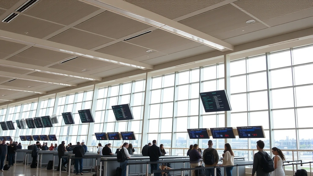 Chicago O'Hare International Airport terminal interior with travelers at check-in counters and departure boards, natural daylight from windows