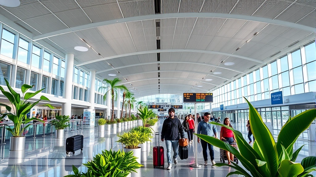 Cancun International Airport modern terminal with tropical plants, travelers with luggage, departure gates visible, bright contemporary architecture