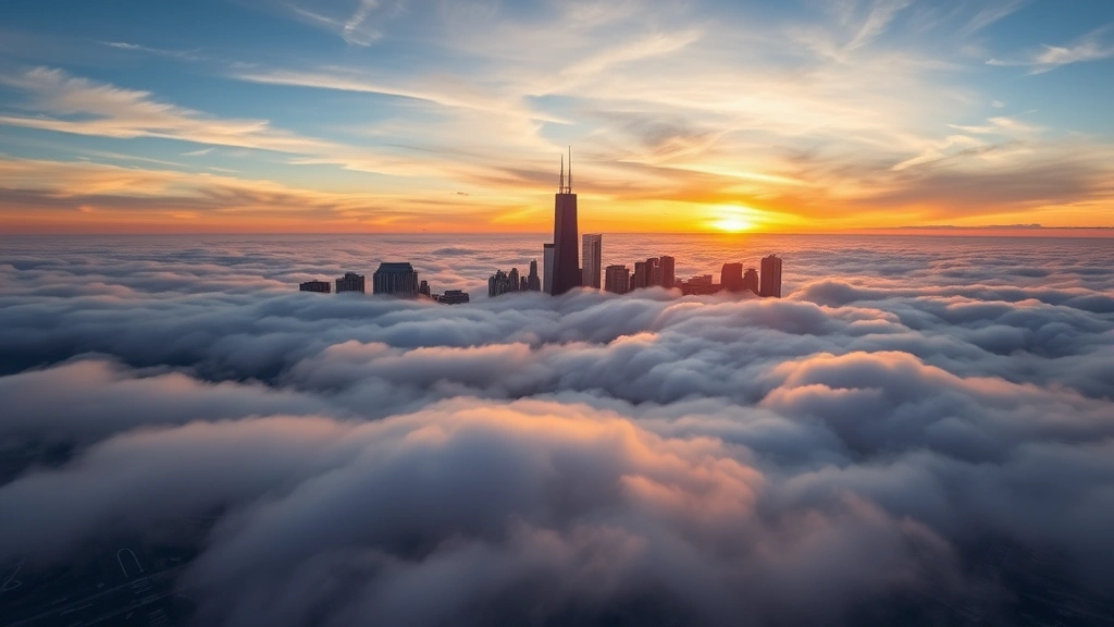 Aerial view of Chicago skyline at sunrise with clouds and O'Hare airport runways visible below, professional travel photography