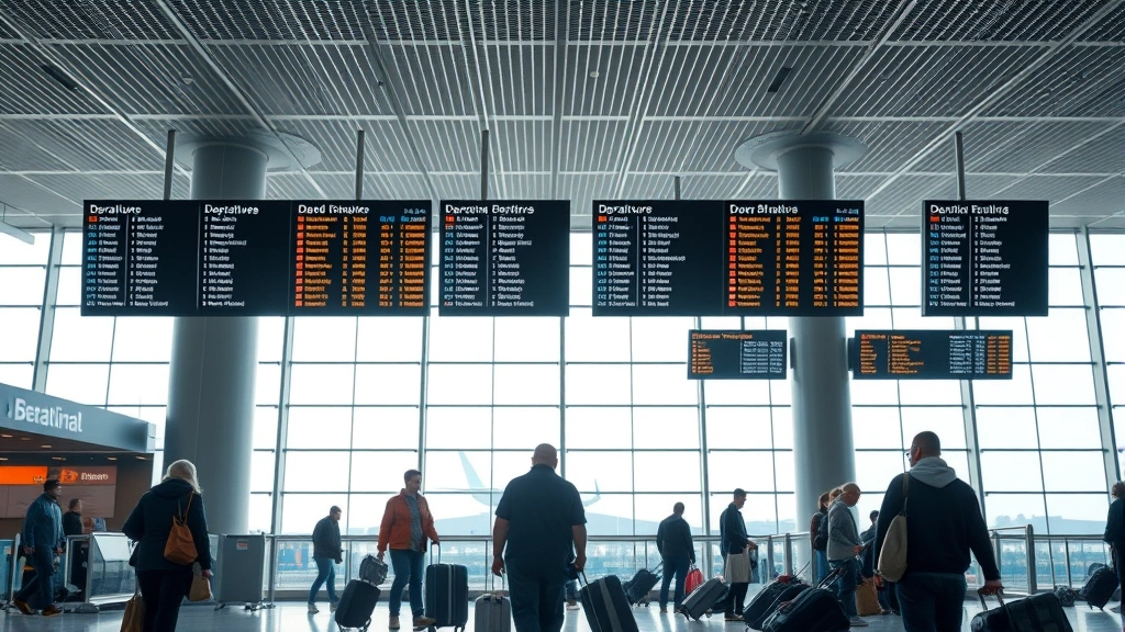 Modern airport terminal interior with departure boards, travelers checking luggage, natural light from windows, busy domestic flight hub atmosphere