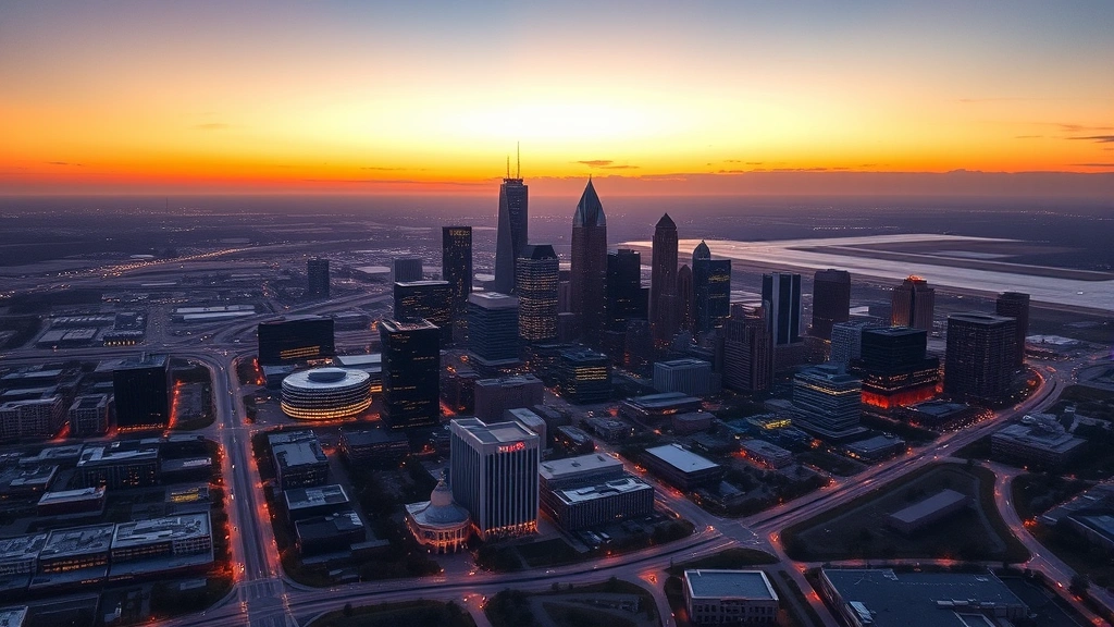 Dallas skyline at golden hour sunset with downtown skyscrapers illuminated, aerial perspective showing city landscape and DFW airport region