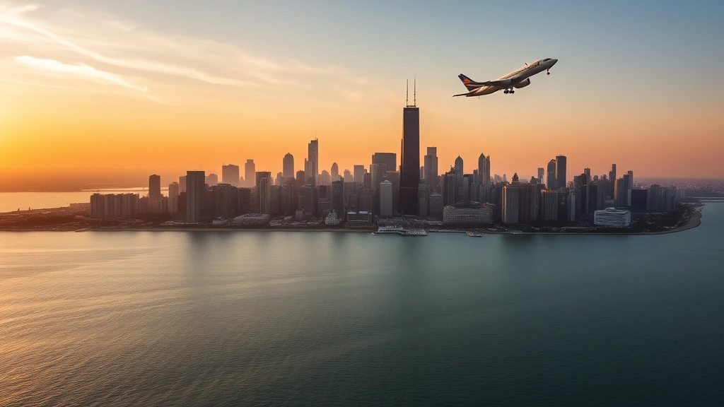 Aerial view of Chicago skyline with Lake Michigan, commercial airplane flying toward distant horizon at golden hour