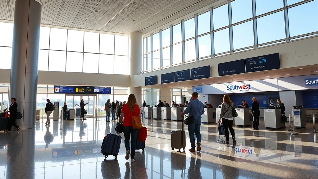 Modern airport terminal interior with travelers checking in at Southwest Airlines counter, bright natural lighting from large windows