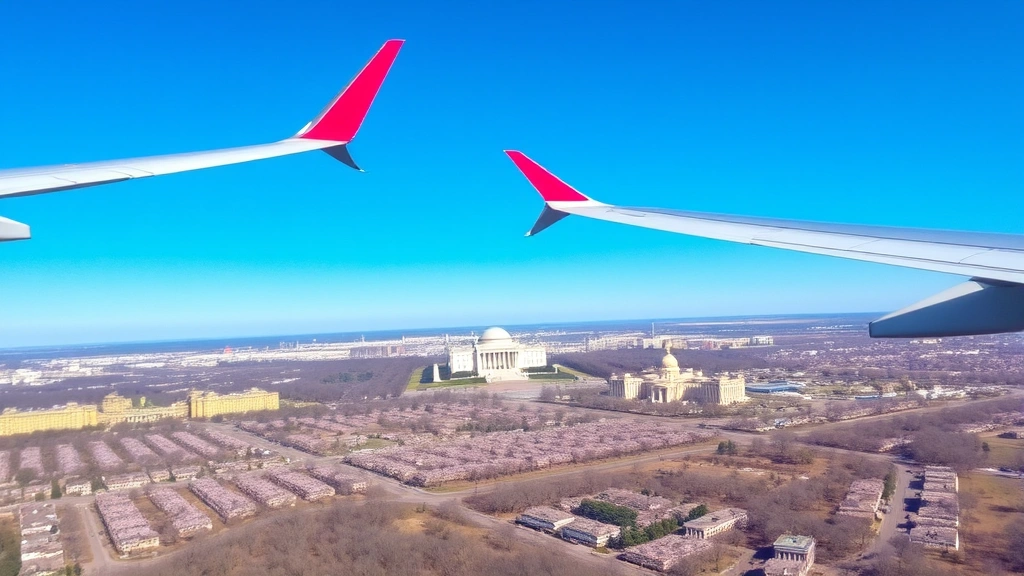 Washington DC monuments visible from airplane window during descent, cherry blossoms visible on ground below, clear blue sky