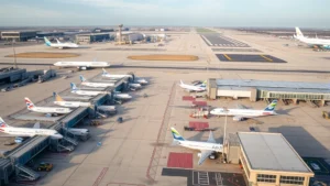 Overhead view of Chicago O'Hare International Airport with aircraft lined up at gates during daytime, terminal buildings and runways visible, professional aviation photography