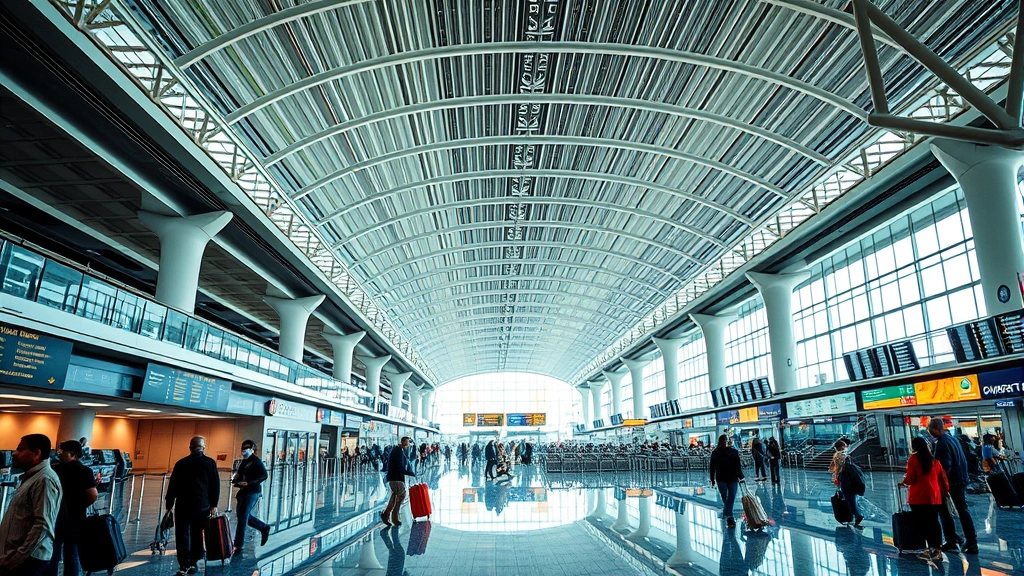 Indira Gandhi International Airport Delhi terminal interior with modern architecture, travelers with luggage, departure boards visible, vibrant Indian airport atmosphere