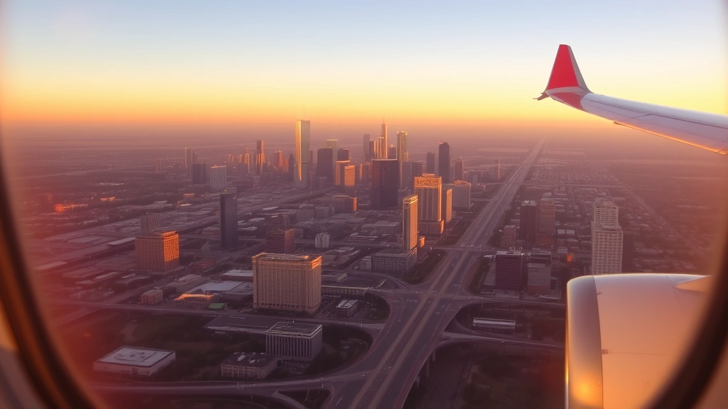 Sunset aerial view of Houston skyline from airplane window, downtown buildings and highways visible below, golden hour lighting