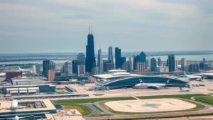 Aerial view of Chicago skyline with O'Hare International Airport in background, modern airport infrastructure and aircraft on tarmac, daytime professional photography