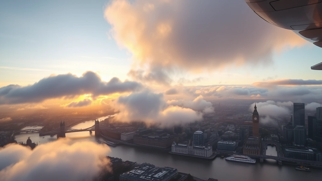 Panoramic aerial view of London cityscape at sunrise with Thames River winding through, Big Ben and Houses of Parliament visible, clouds breaking to reveal city landmarks below aircraft window perspective