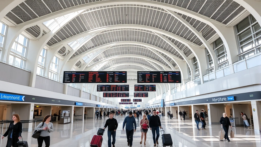 Chicago O'Hare International Airport terminal interior, modern architectural design with high ceilings, departure boards visible but not readable, travelers with luggage walking through spacious corridors, natural light from windows