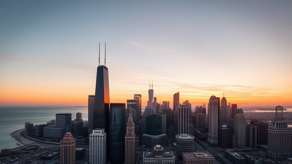 Aerial view of Chicago skyline with Lake Michigan, modern skyscrapers and urban landscape at sunset, photorealistic