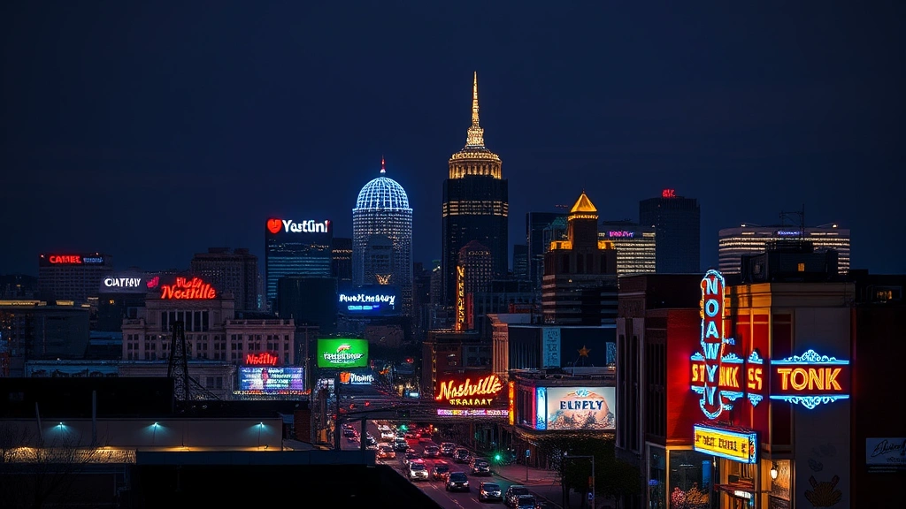 Nashville skyline showing Broadway neon lights and honky-tonk theaters at night, Tennessee downtown cityscape