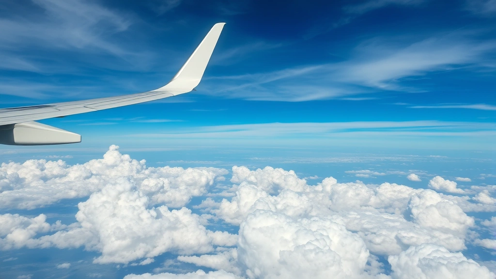 Commercial airplane wing over clouds during daytime flight, blue sky and white cumulus clouds landscape view