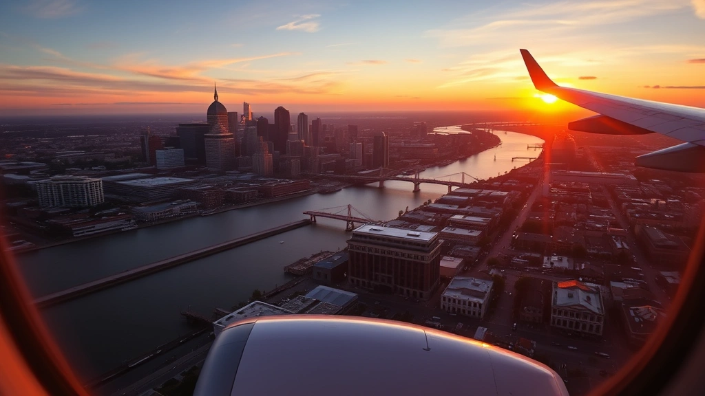 Aerial view of New Orleans skyline with Mississippi River and French Quarter rooftops visible from aircraft window during golden hour sunset