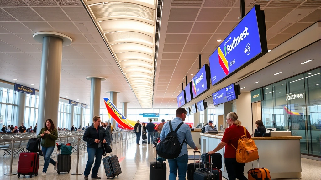 Chicago O'Hare or Midway airport interior with travelers checking luggage at Southwest Airlines counter, modern airport terminal design