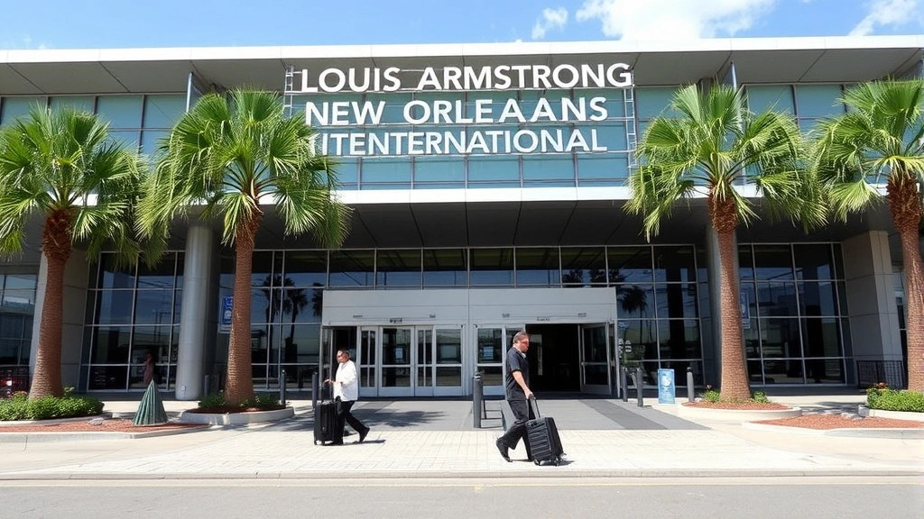 Louis Armstrong New Orleans International Airport terminal entrance with palm trees and modern architecture, travelers with luggage arriving