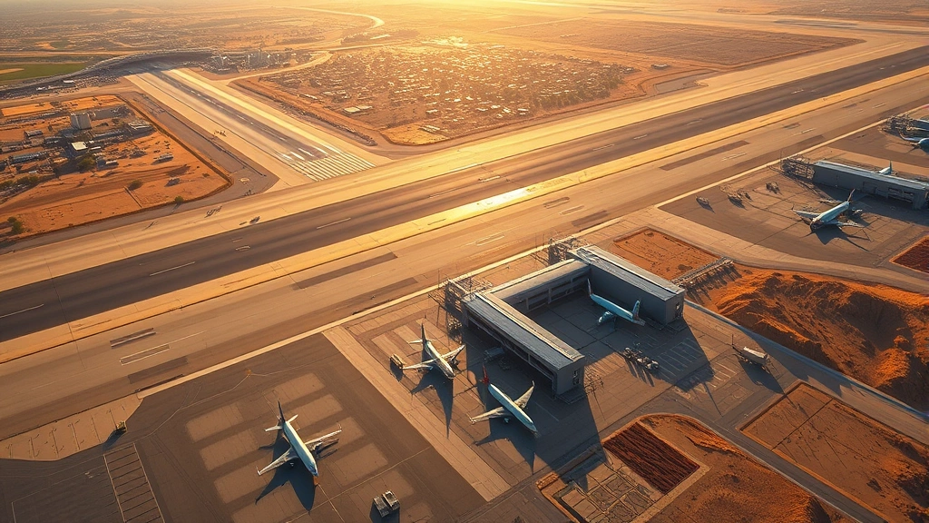 Aerial view of Phoenix Sky Harbor International Airport with desert landscape and runway in morning sunlight, commercial aircraft parked at gates, photorealistic travel photography