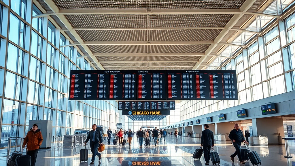 Chicago O'Hare airport terminal interior showing departure boards and travelers walking with luggage, modern airport architecture with natural lighting, photorealistic aviation scene