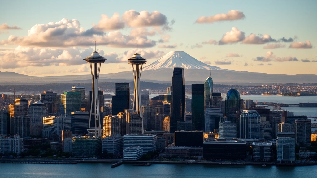 Aerial view of Seattle skyline with Space Needle prominent, Mount Rainier in background, puffy white clouds, golden hour lighting, modern cityscape with water reflections