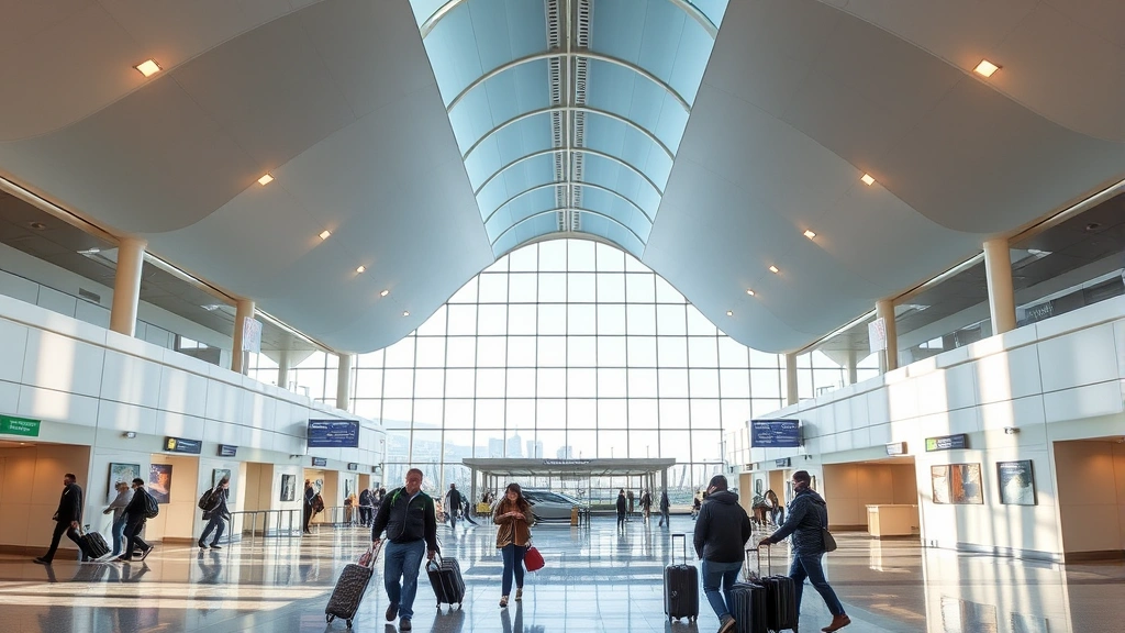 Seattle-Tacoma International Airport terminal interior with modern architecture, natural light, travelers with luggage, contemporary design, clean bright passenger area