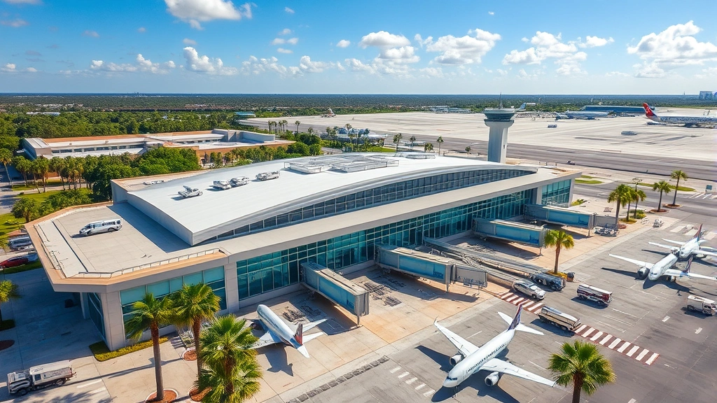 Aerial view of Tampa International Airport terminal building with modern architecture and palm trees, bright sunny day, aircraft parked at gates