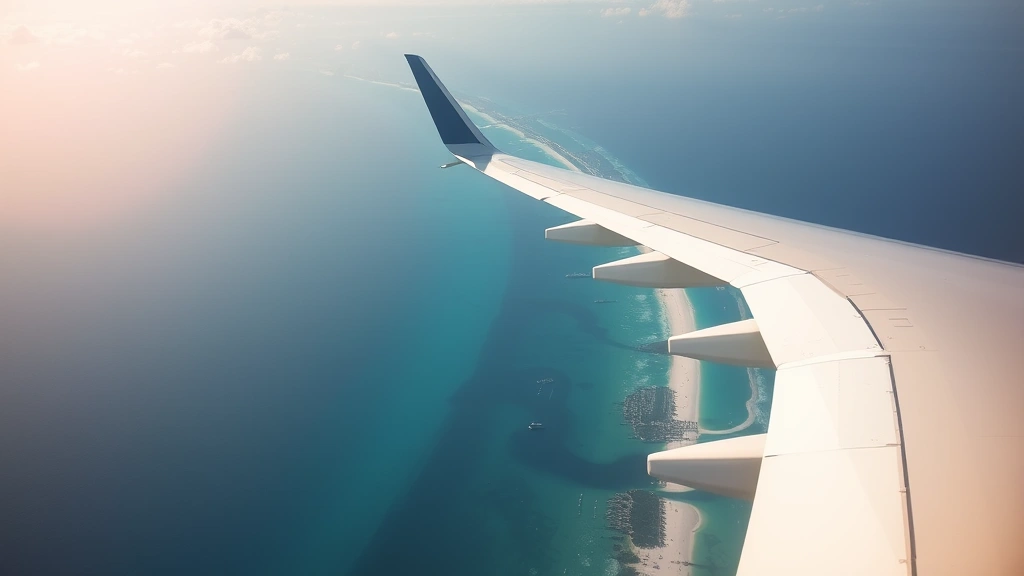Overhead shot of commercial airplane wing during flight over Florida coastline showing turquoise water and white sand beaches below