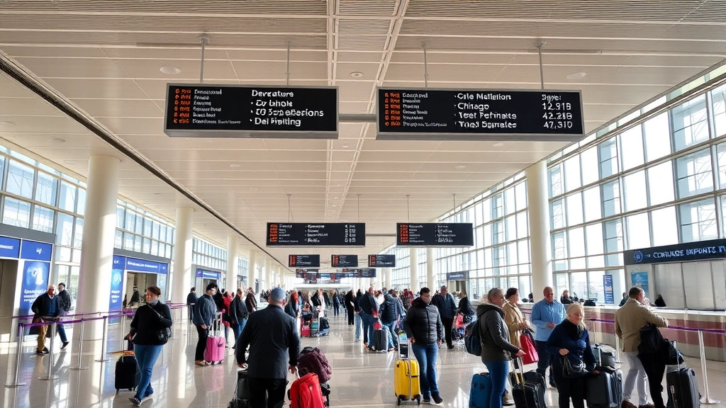 Chicago O'Hare International Airport departure hall with travelers checking luggage, modern architecture, departure boards overhead, natural daylight