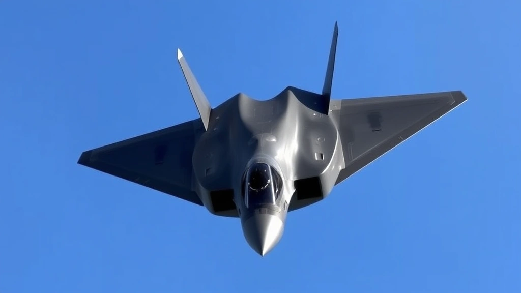 Modern stealth fighter jet in flight against blue sky, sleek aerodynamic design with angular surfaces, photographed from below showing advanced aircraft technology