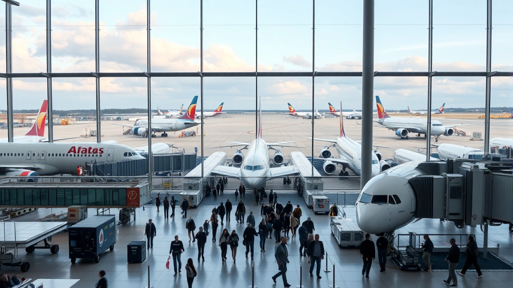 International airport terminal with multiple commercial aircraft at gates, busy passenger area with travelers walking through modern aviation hub facility