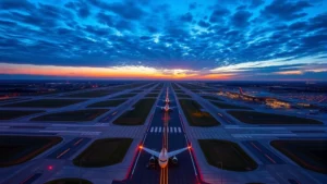 Aerial view of Cleveland Hopkins International Airport runways at sunrise with modern terminal buildings visible, realistic photography