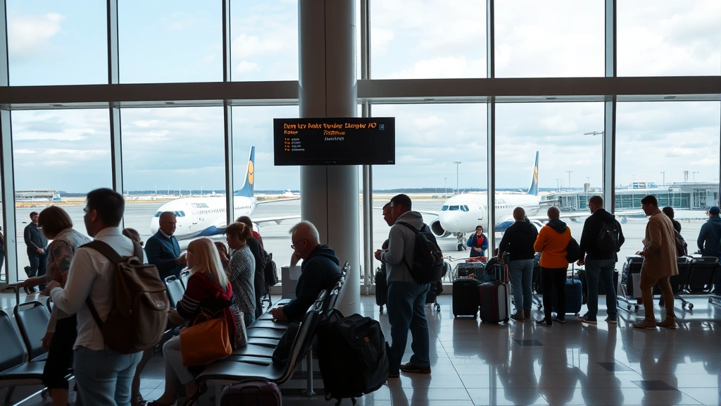 Modern airport gate area with diverse passengers waiting near large windows overlooking aircraft, professional travel photography