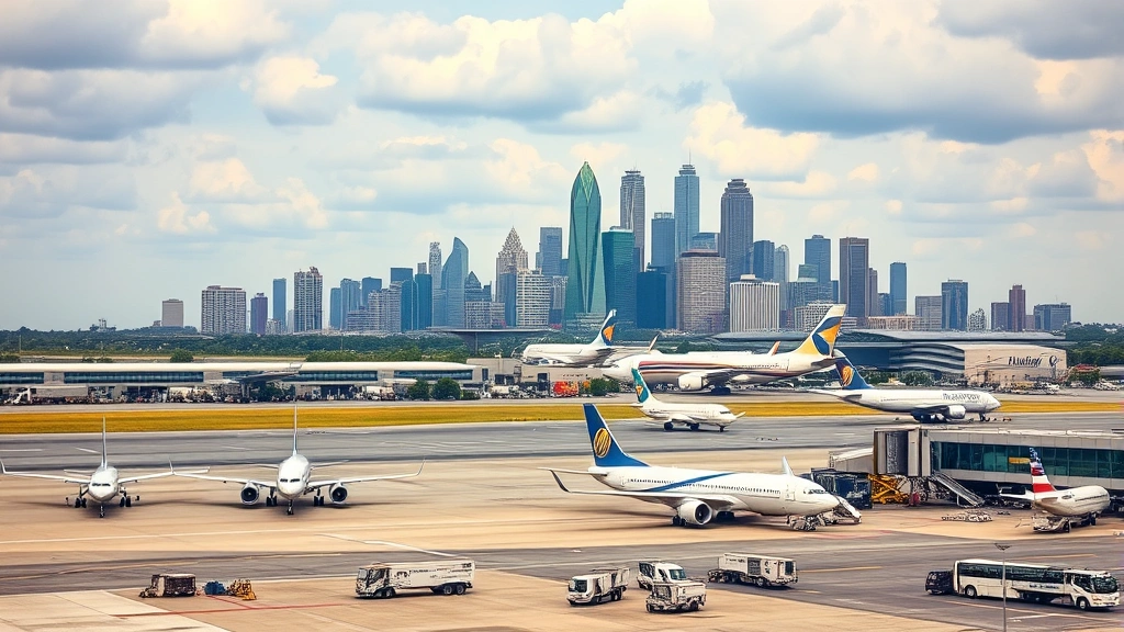 Atlanta skyline with Hartsfield-Jackson airport in foreground, showing busy tarmac with multiple aircraft and ground service vehicles, realistic aviation scene