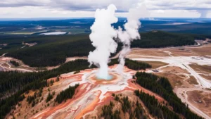 Aerial view of Yellowstone National Park featuring Old Faithful geyser erupting with steam plume rising above forest landscape and geothermal features below