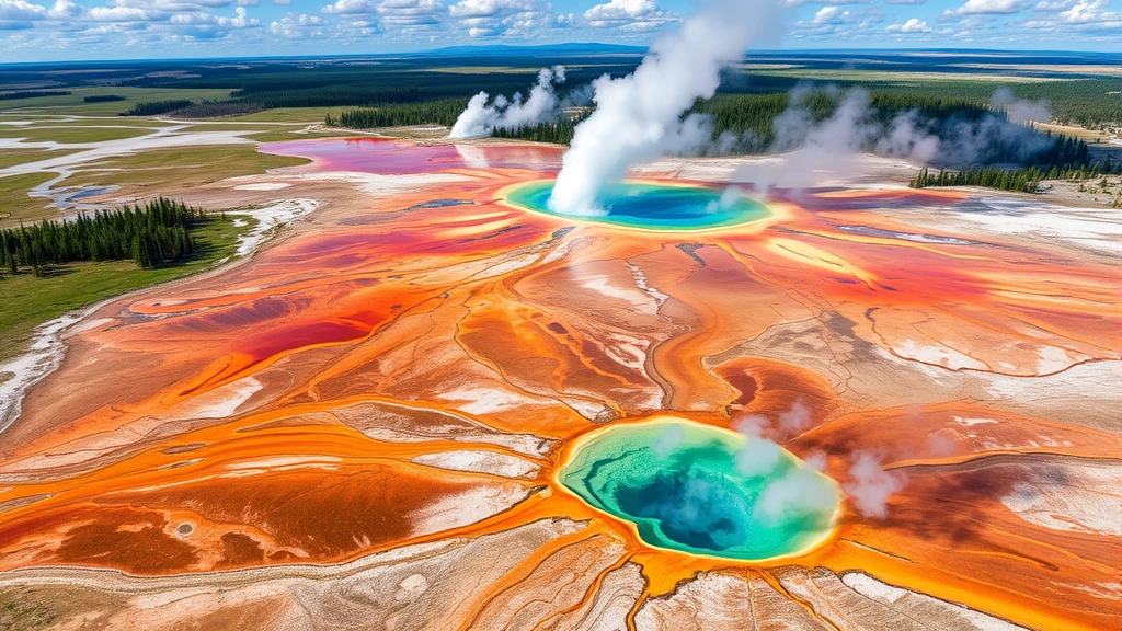 Scenic aerial view of Yellowstone geysers and thermal features with colorful mineral deposits, steam vents, and pristine wilderness landscape