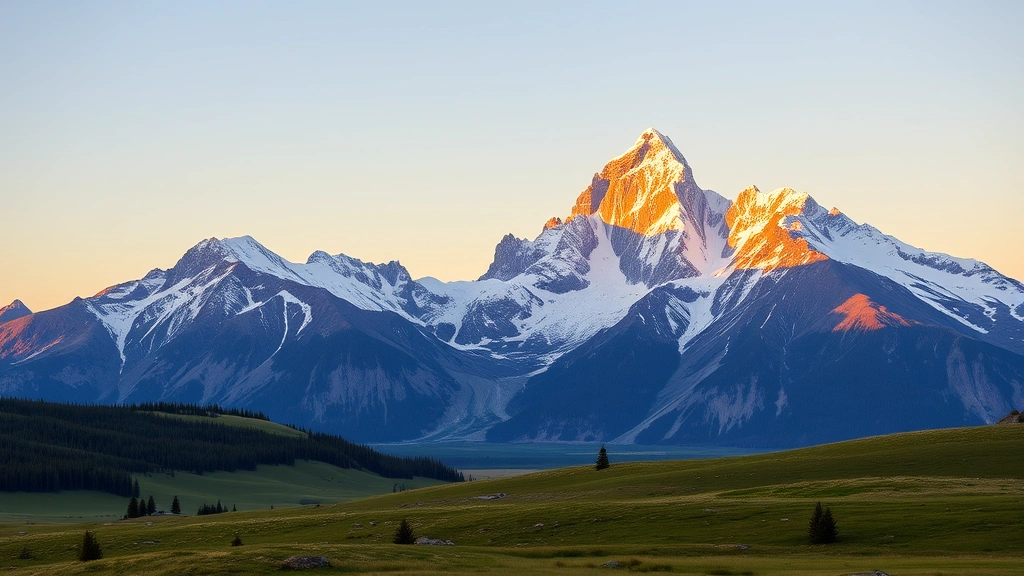 Mountain landscape with snow-capped peaks and pristine alpine meadows at sunrise, golden light illuminating Grand Teton range with valley below