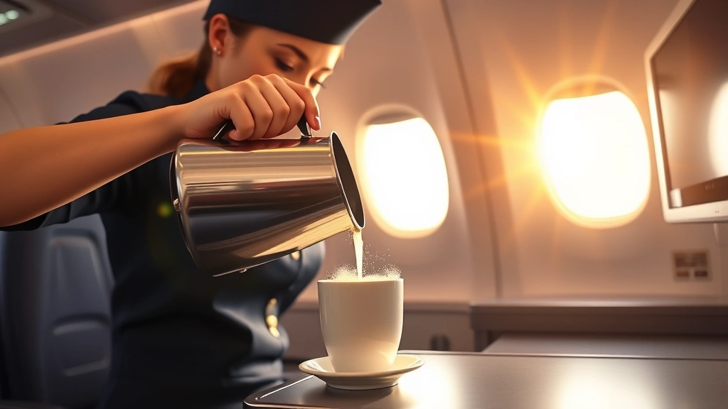 Flight attendant in navy uniform pouring hot freshly brewed coffee from a silver thermal pot into white ceramic cup in modern aircraft galley, warm morning sunlight through small window, professional airline environment, high-quality photorealistic