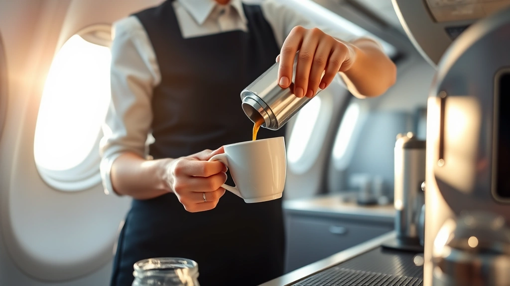 Flight attendant pouring freshly brewed coffee into a ceramic cup in modern airline galley with stainless steel equipment and morning light streaming through cabin windows, professional barista-style preparation