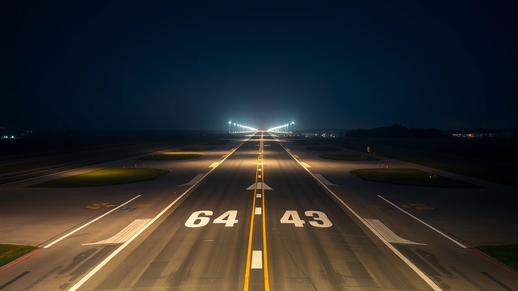 Runway lighting system at night with clear numerical markings and edge lights illuminating parallel runways at regional airport