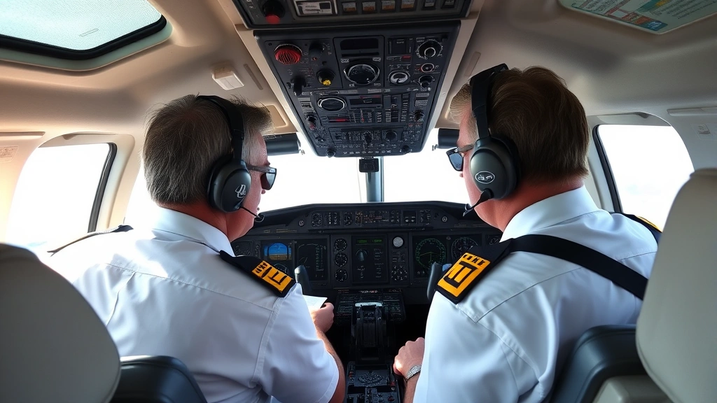 Cockpit interior with two pilots conducting pre-flight checklist procedures using avionics and control panels during daytime