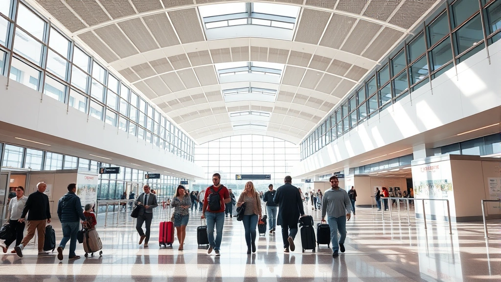 Modern airport terminal interior with travelers walking with luggage, bright natural lighting, contemporary design, no visible text or signage