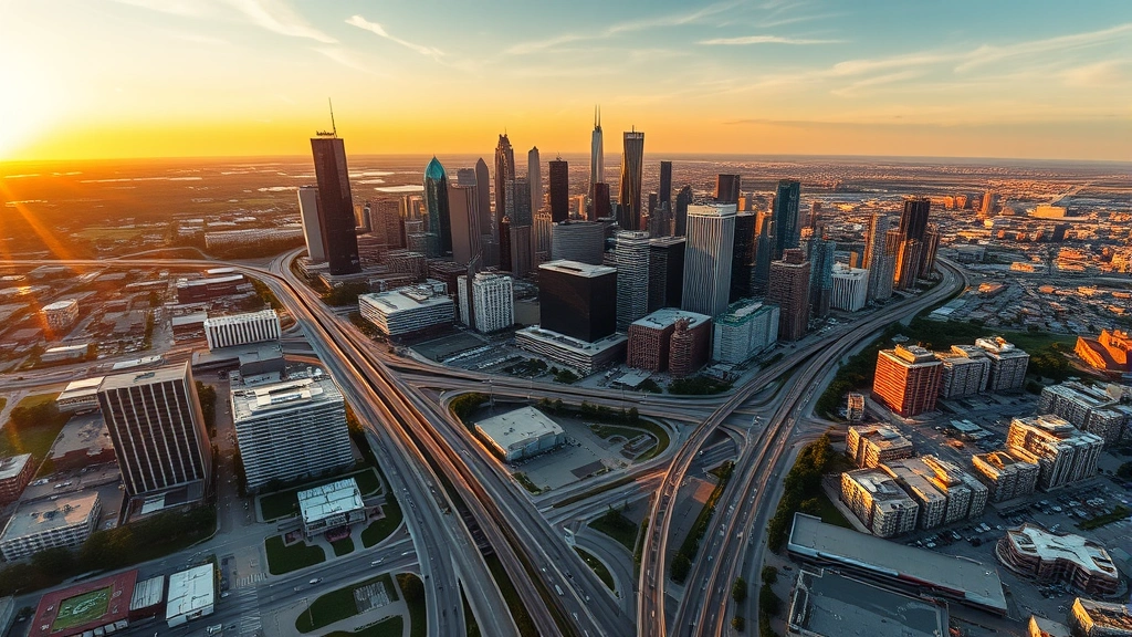 Aerial view of Houston cityscape showing downtown skyline and highways during golden hour sunset, wide perspective, no text overlays