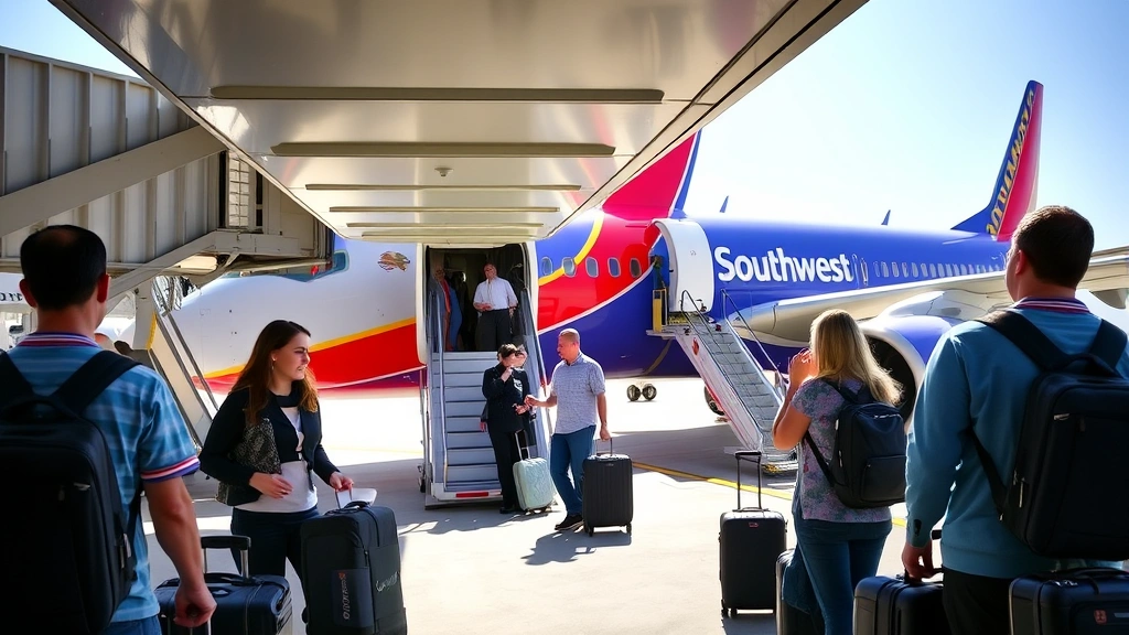 Passengers boarding Southwest Airlines aircraft on tarmac with jet bridge, multiple people with carry-on luggage, bright daylight, no visible ticket or document details
