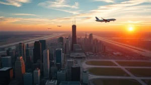 Aerial view of Chicago skyline with O'Hare airport runways visible in background, commercial aircraft taking off toward horizon, sunset lighting, photorealistic