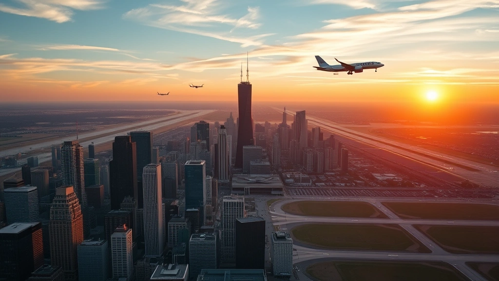 Aerial view of Chicago skyline with O'Hare airport runways visible in background, commercial aircraft taking off toward horizon, sunset lighting, photorealistic