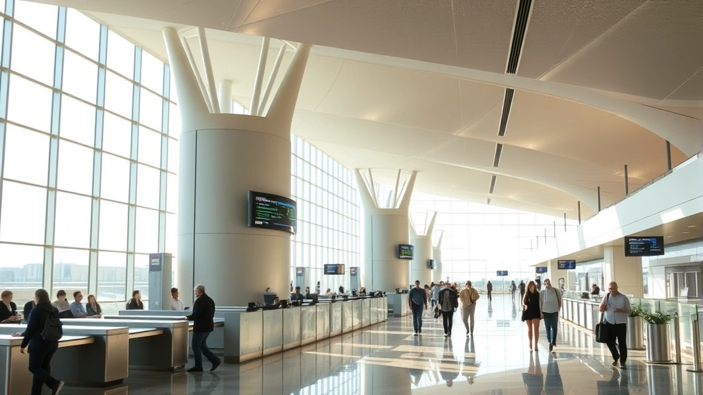 Modern airport terminal interior showing check-in counters and security screening area with travelers walking through Dallas airport, bright natural lighting, contemporary architecture