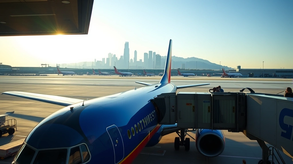 Southwest Airlines aircraft parked at gate with Dallas skyline visible through terminal window, morning light, passengers boarding via jet bridge, realistic aviation photography