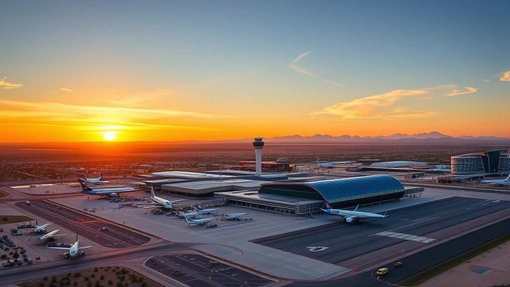 Aerial view of Phoenix Sky Harbor International Airport with Arizona desert landscape, modern terminal buildings, and aircraft on tarmac during golden hour sunset