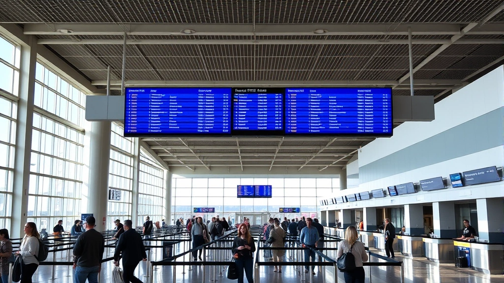 Busy Dallas Love Field airport terminal interior with passengers at gates, departure boards, and modern airline counters, natural daylight from windows
